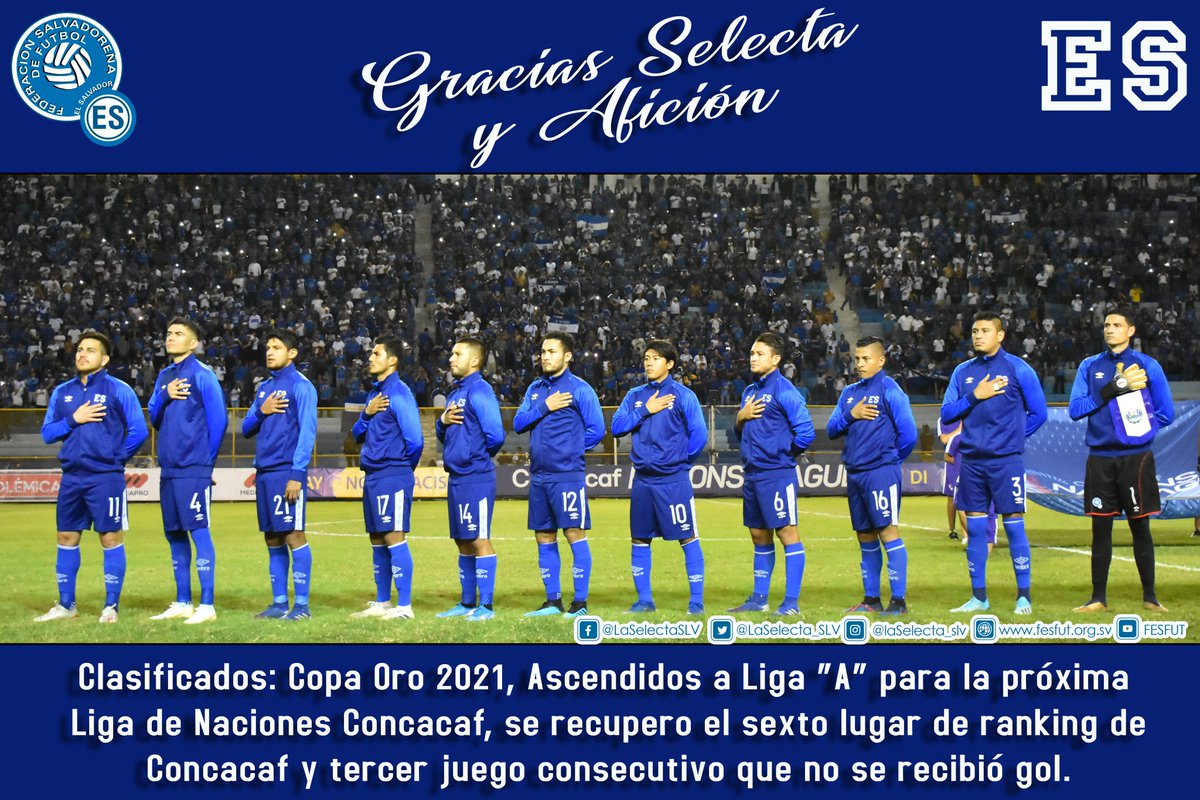 LaSelecta_SLV's tweet photo. 👏👏🇸🇻🇸🇻💪💪🤩⚽️

Gracias Selecta y Afición por ser parte de la clasificación a Copa Oro 2021, Ascendidos a Liga “A” para la próxima 
Liga de Naciones Concacaf, se recupero el sexto lugar de ranking de Concacaf y tercer juego consecutivo que no se recibió gol. https://t.co/GdKboNrbIh