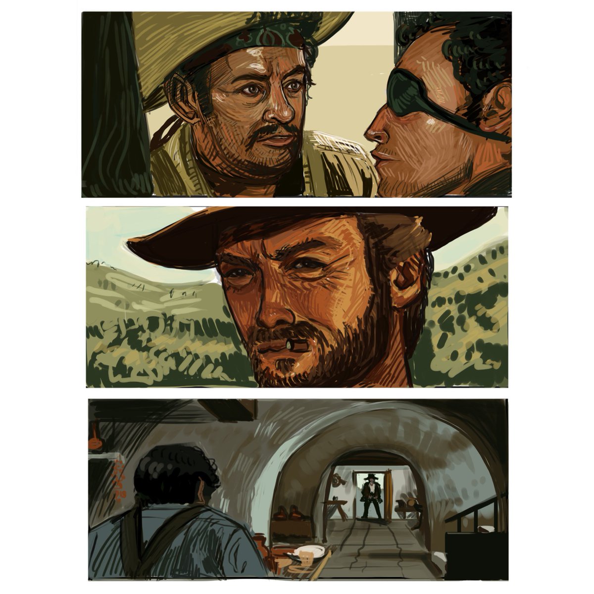 ManekiMushi's tweet image. Some quick painting studies of screenshots from TGTBATU. This messy painting style was a lot more fun than I expected.
#thegoodthebadandtheugly  #illustration #digitalart #digitalpainting #sketch
