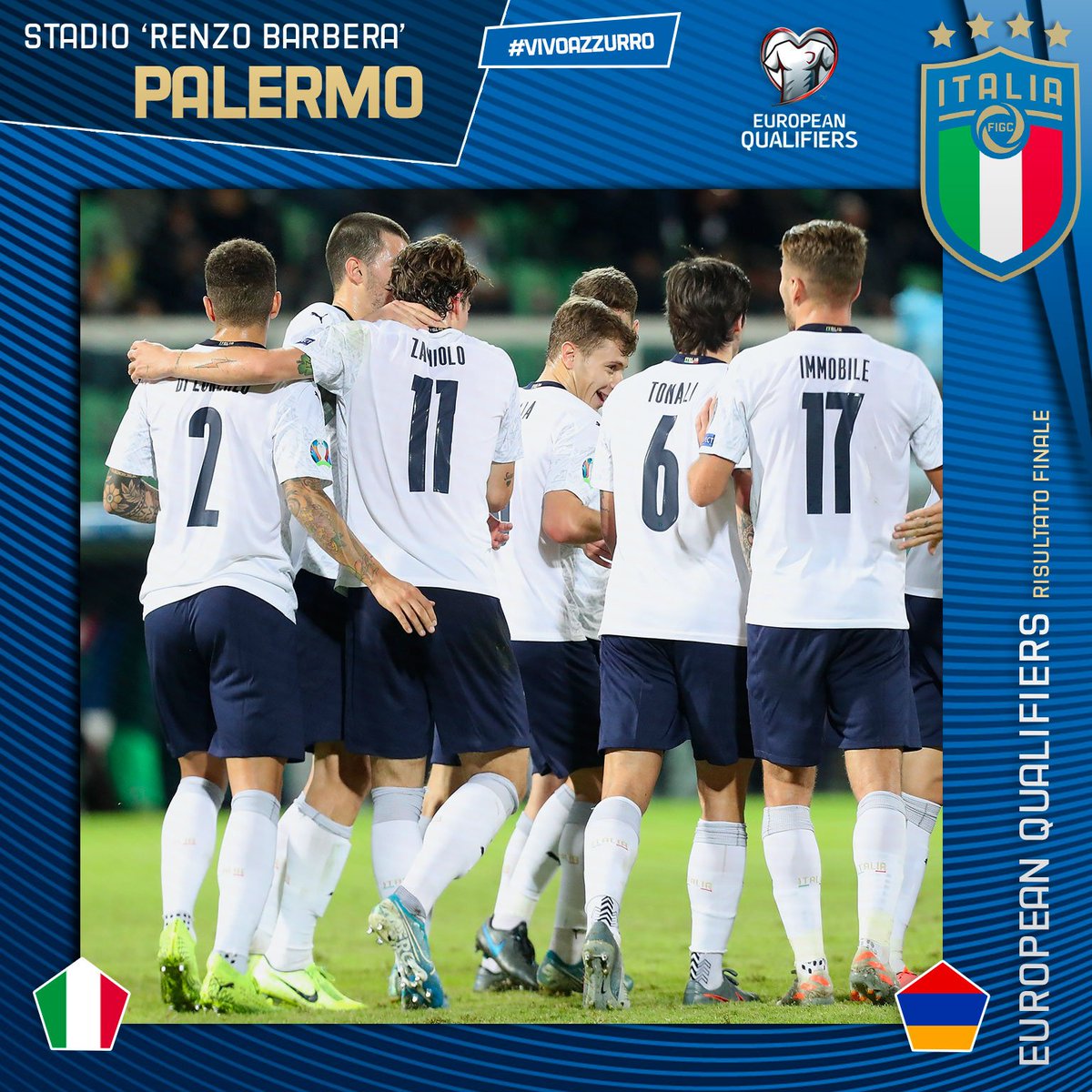 Azzurri's tweet photo. ⏱️ RISULTATO FINALE

🇮🇹🇦🇲 #ItaliaArmenia 9️⃣-1️⃣
📋  A #Palermo si abbatte sull’#Armenia la valanga azzurra. L’#Italia chiude a punteggio pieno!

#EuropeanQualifiers 🇪🇺 #Euro2020
#Nazionale #Azzurri #ItaArm #VivoAzzurro https://t.co/6sFjTYT36O