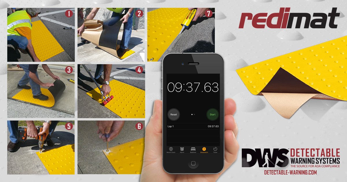 detectable_warn's tweet photo. The RediMat is the most installer-friendly surface applied #DetectableWarning on the market. Learn more about it and the pre-applied adhesive system that enables #ADACompliance in less than 10 minutes: https://t.co/m67KfRuj41 https://t.co/KWmUhzb1C0