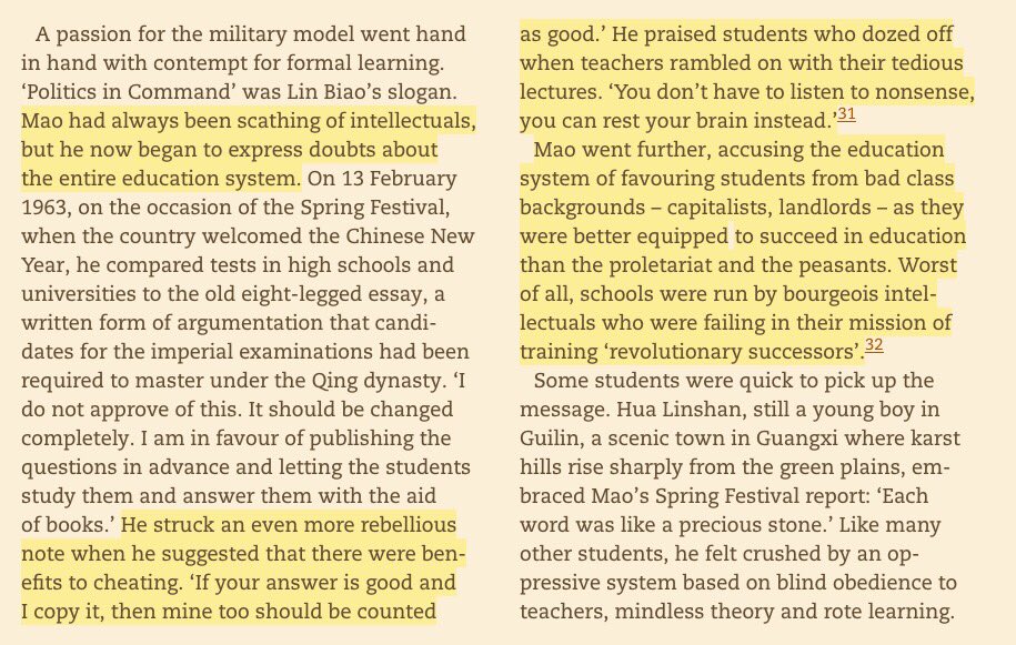 "Mao [accused] the education system of favoring students from bad class backgrounds - capitalists, landlords -as they were better equipped to succeed in education. Worst of all, schools were failing in their mission of training 'revolutionary successors'" https://www.goodreads.com/book/show/26073079-the-cultural-revolution