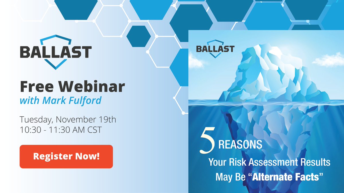 BALLASTRisk's tweet photo. It's not too late to register for a free webinar with Mark Fulford tomorrow at 10:30 AM CST, where you’ll learn why people often provide “alternate facts” when responding to cyber security risk assessments:  https://t.co/KQa9SGBc4N

#Cybersecurity #RiskManagement https://t.co/4X8h4itHZh