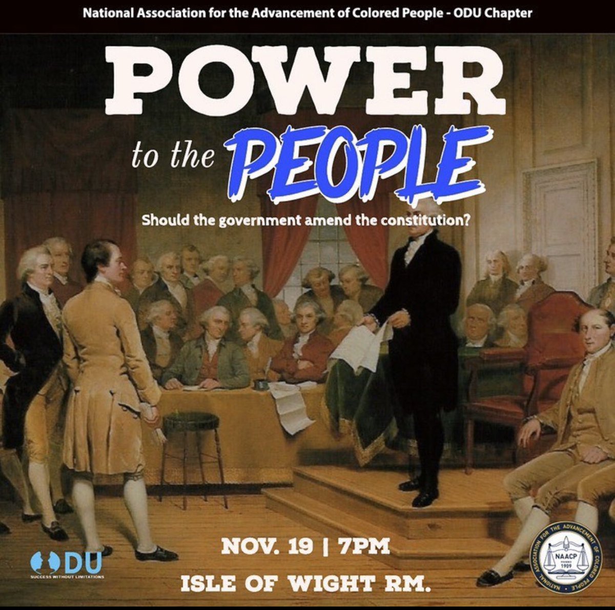“POWER TO THE PEOPLE!✊🏾 Come out this Tuesday with <a href="/naacp_odu/">ODU NAACP</a> and <a href="/oduswl/">SWL</a> as we discuss various topics on the Constitution.”