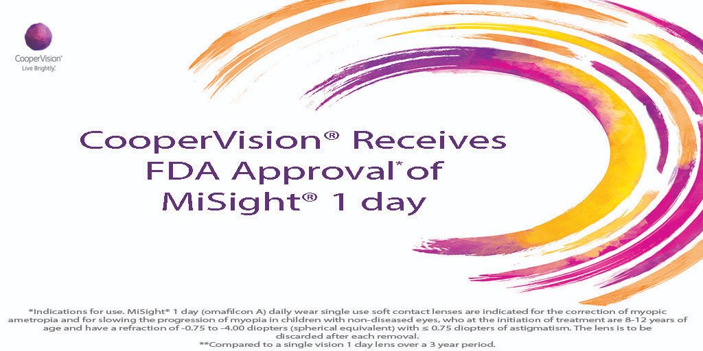 CooperVision's tweet image. We’re pleased to announce FDA-approval* of MiSight® 1 day contact lenses. MiSight® 1 day is the first &amp;amp; only daily wear, single-use contact lens that's been clinically proven to slow the progression of myopia when initially fit on children 8-12 years old. bit.ly/2XwzQZe