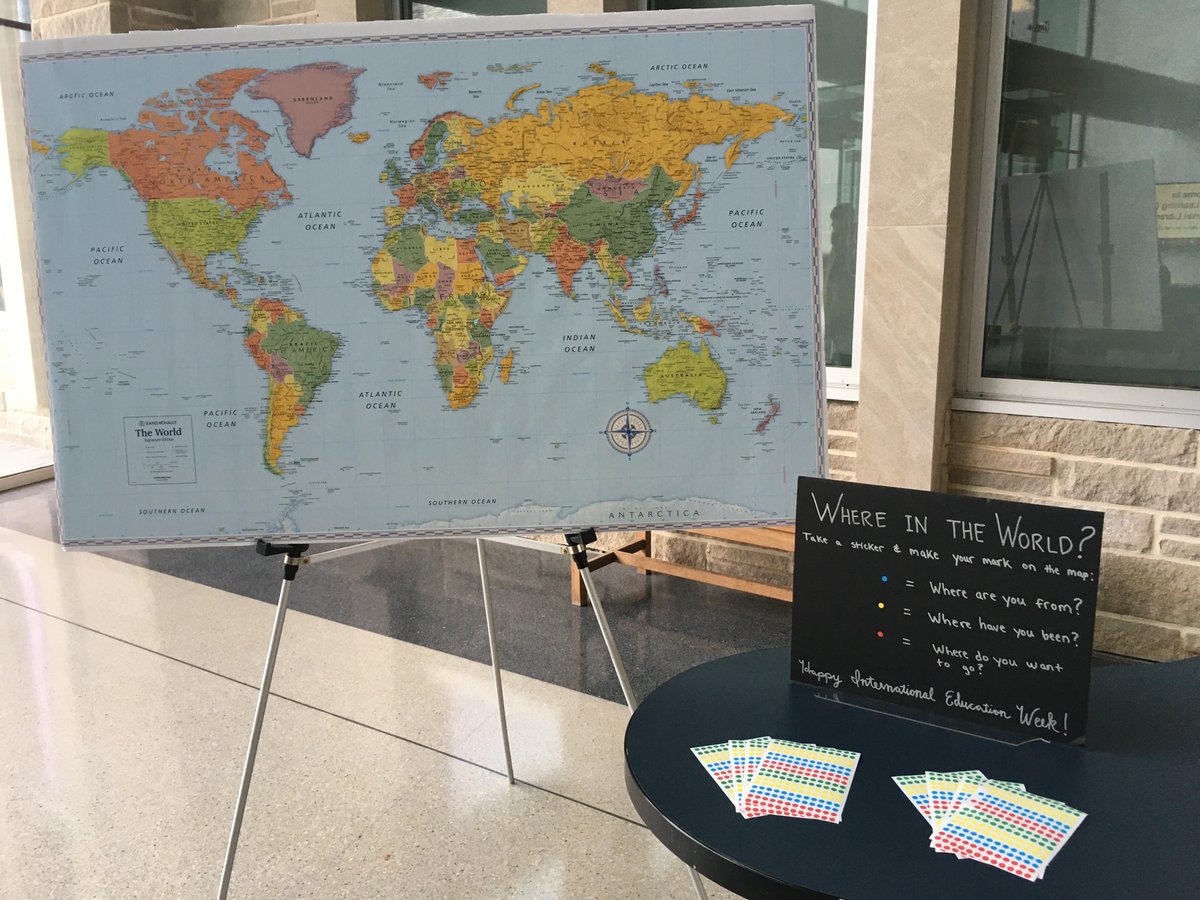 StudyAbroadSJU's tweet photo. Happy International Education Week, SJU! Stop by the library &amp; check out our interactive map - take a sticker &amp; show us where you are from, where you have been, or where you would like to go! https://t.co/GOF8nEUcoW