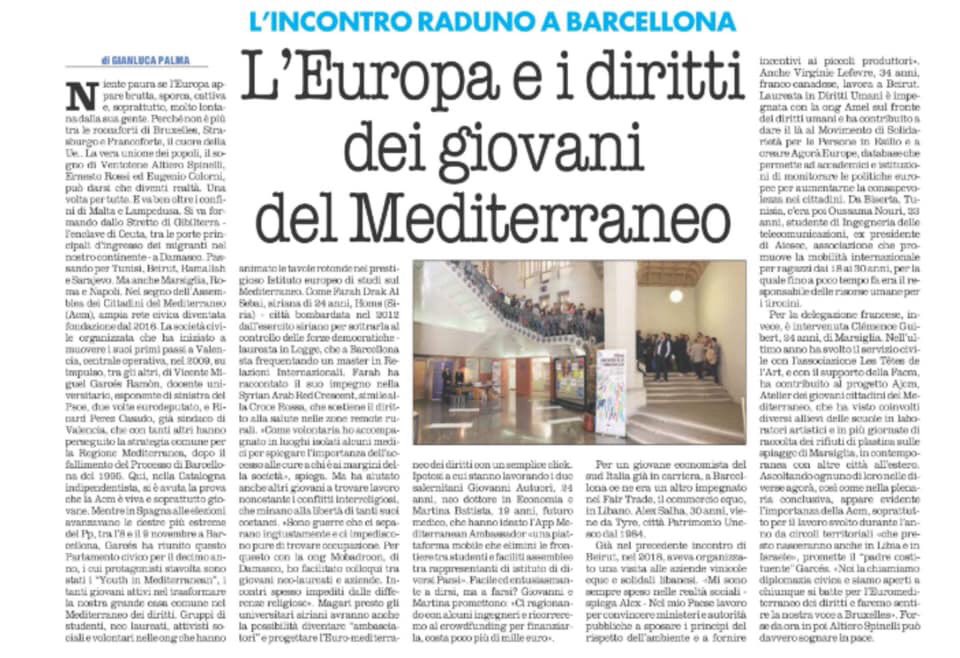 Fundacion_ACM's tweet photo. Today, pag 9 of #laltravocedellitalia, report by the journalist @gianlucapalma on a 8. MCAF @Fundacion_ACM meeting in Barcelona. Thank you so much for the feature #facm #youthinmediterranean #youthmed https://t.co/Y2e6kmySdI