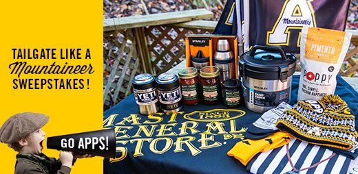 appstatesports's tweet photo. Show your @AppState_FB pride from the drive, to the tailgate, to your seat at The Rock with this Tailgate Like A Mountaineer package. #MastStore #TailgateLikeAMountaineer #EntertoWin
Register to win until 11/20: https://t.co/KqtaNDuRR6 https://t.co/rdL0P9euMl