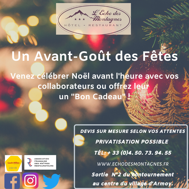 MontagnesEcho's tweet photo. Vous faites partie d'une entreprise de plus de 20 personnes? Planifiez et réservez dès maintenant et jusqu'au 20 Décembre votre repas d'entreprise à l’Écho des 
Montagnes #Noel #celebrate #maitrerestaurateurs #destinationleman #entreprise 🎄🌨️🏔️ https://t.co/6PoY7yf3mO