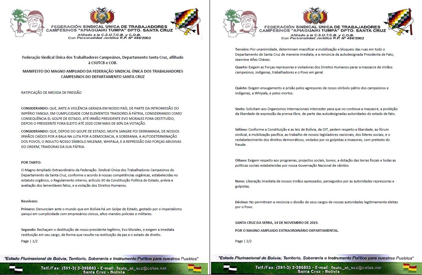 Uzivatel Marta Cecilia Na Twitteru Manifiesto Del Pueblo Boliviano Csutcb Confederacion Sindical Unica De Trabajadores Campesinos De Bolivia Traducido Al Frances Ingles Y Portugues Ante La Dictaduraasesinaenbolivia Y El
