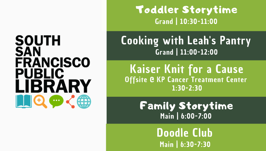 SSFLibrary's tweet photo. Monday's classes &amp; workshops at SSFLibrary! Let's Learn! 😃 https://t.co/iNxb0iwKug   

#EarlyLiteracy #ToddlerStorytime #Cooking #LeahsPantry #Knitting #KnitForACause #FamilyStorytime #ChildLiteracy #DoodleClub #Sketch #DrawYourStyle 
@CityofSSF https://t.co/hWH1KtUfkp