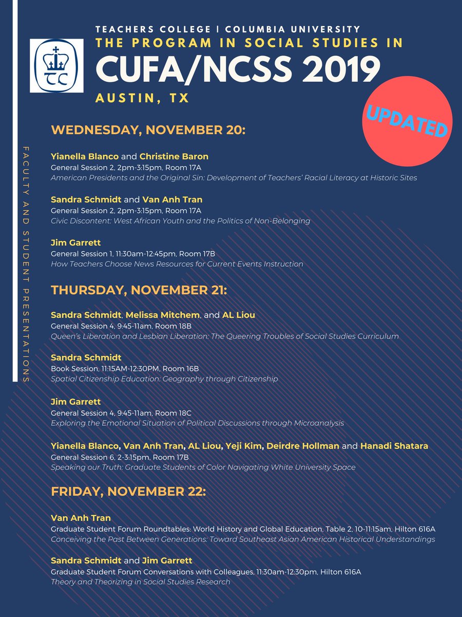 TCSocialStudies's tweet photo. Our faculty and students are presenting at the
2019 CUFA/NCSS Conference in Austin, TX
Nov 20-22! Here is an updated flyer. https://t.co/F68pQ0rCDC