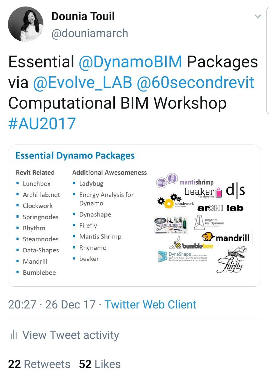 douniamarch's tweet photo. @Jos_ols @60secondrevit @DynamoBIM Top ones remain the same! From #AU2017 #Lunchbox https://t.co/daYoXuqXk5 #Clockwork #SpringNodes #Rhythm @DataShapes_io #Mandrill @arch_laboratory #Bumblebee https://t.co/M8POUaWA8o