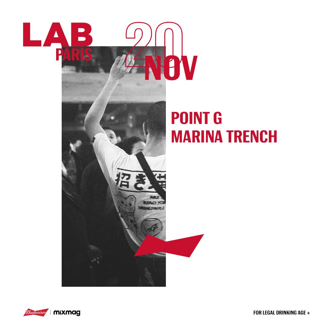 Mixmag's tweet photo. THIS WEEK IN THE #LABPARIS - November 20
🔥POINT G
🔥MARINA TRENCH
🔥#BUDX @budweiser
RSVP now to join us on the dancefloor: https://t.co/SGC4904Rwb https://t.co/9QhI3YmoDK