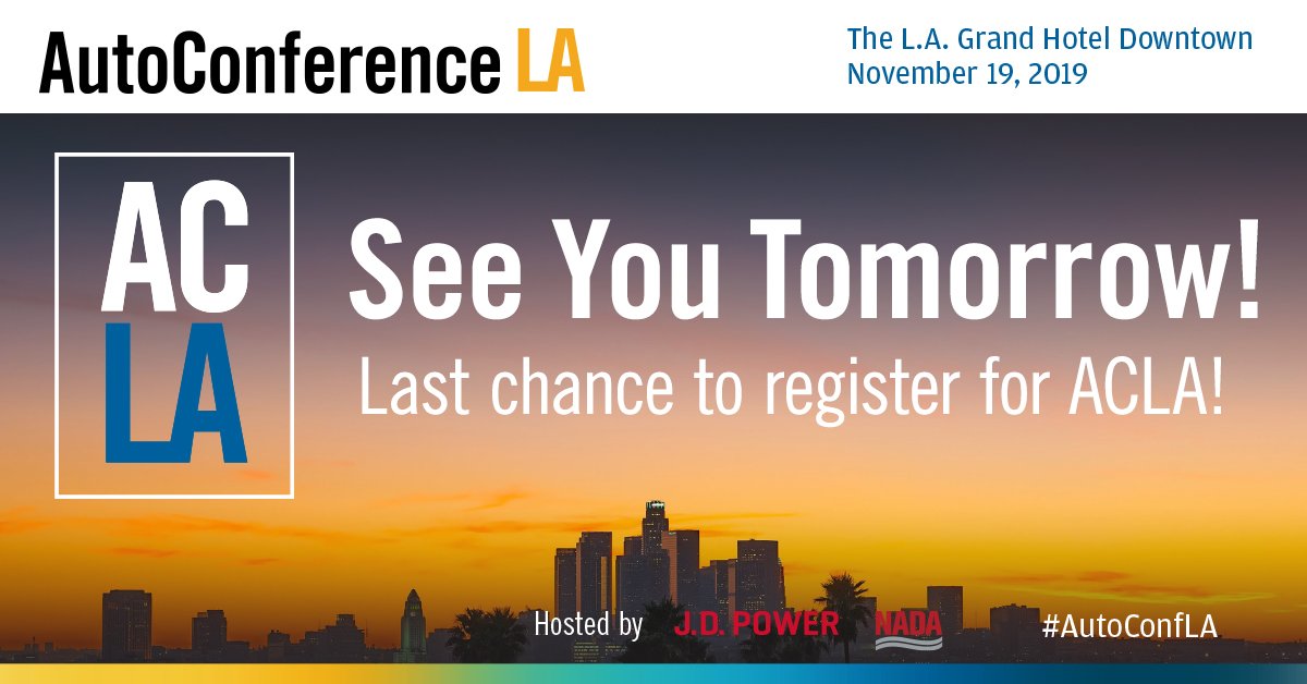 JDPower's tweet image. 🗣 LAST CHANCE TO REGISTER FOR #AUTOCONFLA!🗣

Tomorrow is AutoConference LA, which we are co-hosting with @NADAUpdate. We'll have TONS of exciting speakers and plenty of networking opportunities as well. Don't miss it! 

Register now: okt.to/JHFsdg