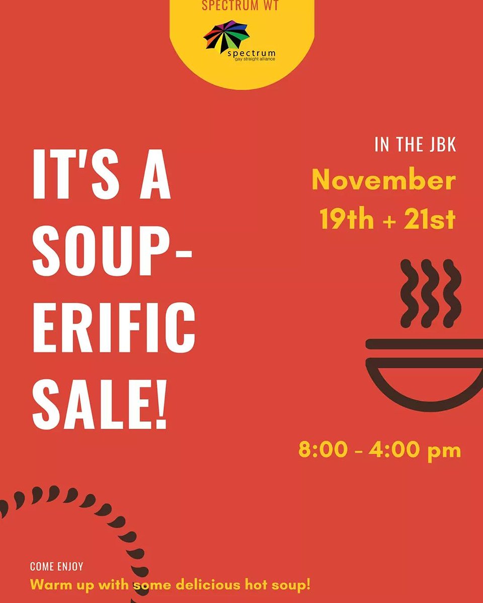 wtamuspectrum's tweet photo. Hello friends! Remember that our Soup sale is tomorrow and Thursday, and 19th and 21st! It's not too late to sign up to bring something! 
https://t.co/4aKLKBE0oq https://t.co/1GtnxBx7Dy
