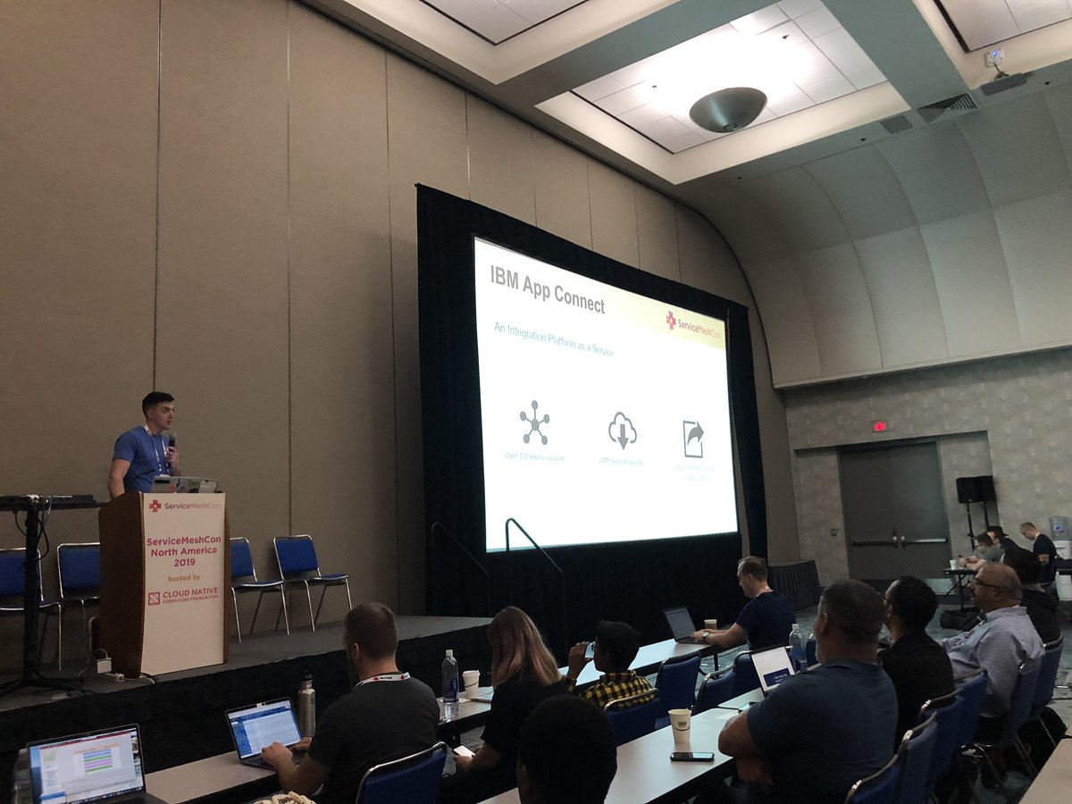 linsun_unc's tweet photo. Greg Hanson talks about IBM App Connect journey of using 150 microservices @IstioMesh full house #servicemeshcon2019 missing @martinross83 https://t.co/Yoq98bPQuy
