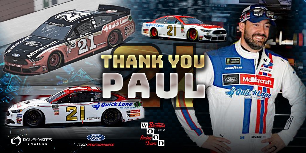 roushyates's tweet photo. Thank you, Paul Menard, for everything you've done for @NASCAR and the whole Menard family for their continued dedication to the sport of racing. Best wishes to you on what's next, Paul! 

#PaulMenard | @woodbrothers21 | @FordPerformance | @MenardsRacing https://t.co/webR8Q6ZI2