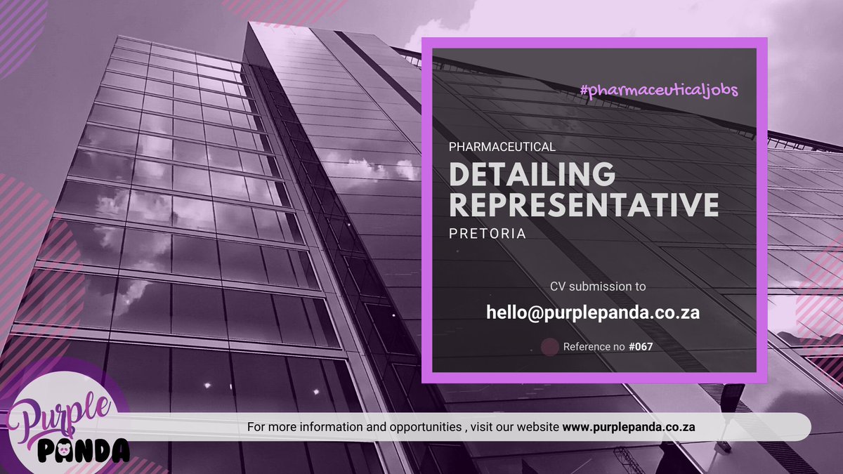 #JobAlert #Pharmaceutical #SalesRep #vacancy available based in #Pretoria 
For more info purplepanda.co.za/jobs/detailing…