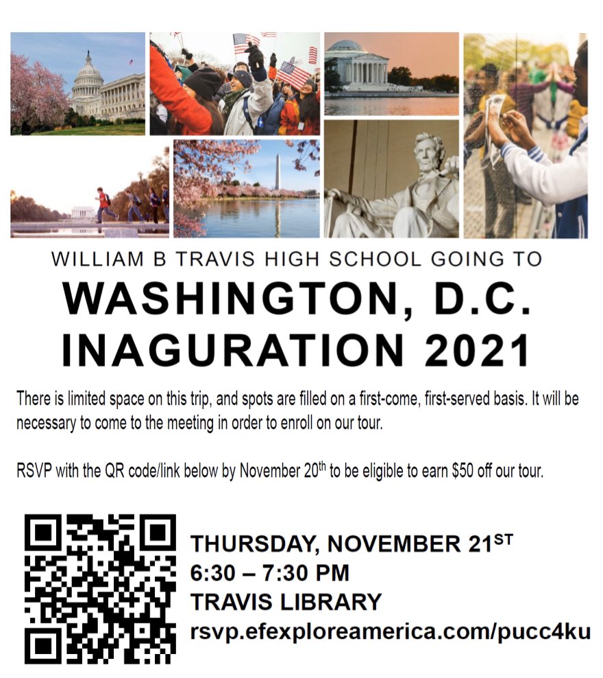 Travis will be attending the 2021 Inauguration! 5 days in DC exploring our nation’s capital and attending an historic event that most people will never have the chance to do! RSVP to the interest meeting and come get all the details! <a href="/THS_Tigers/">Travis High School</a> <a href="/fbgsa/">Global Studies Academy</a>