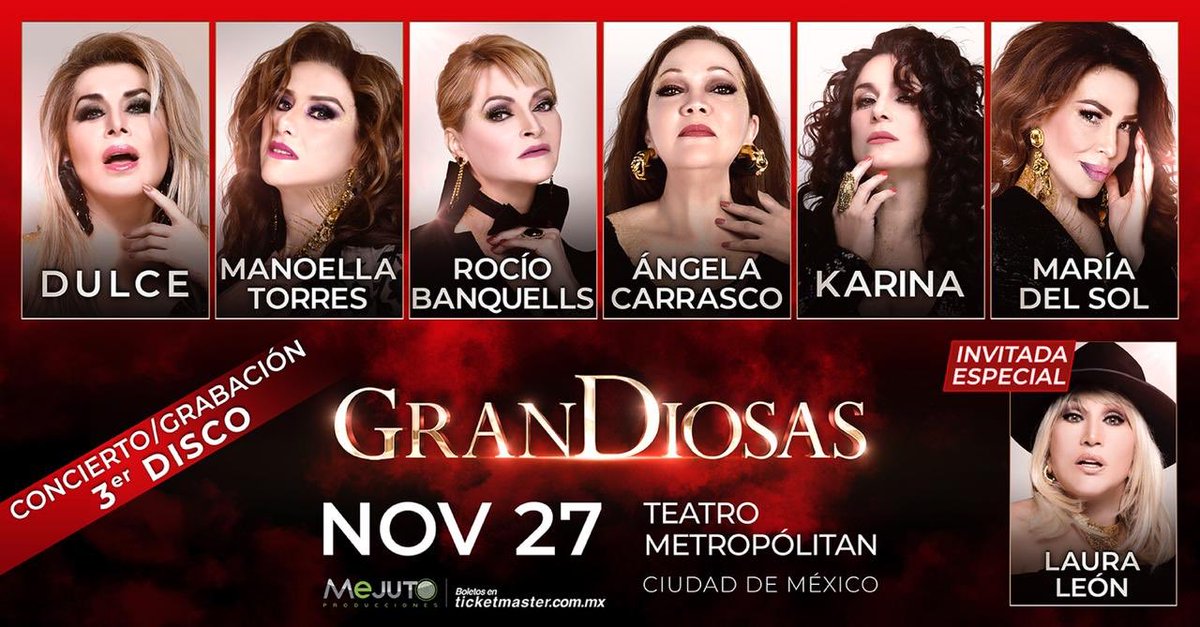 hugomejuto's tweet photo. El MIÉRCOLES 27 de Noviembre

#GranDiosas en el @TMetropolitanMx 

Se grabará el 3er Disco 💿 de @GranDiosas2019 y además tendremos como invitada especial a LAURA LEÓN 

¿Ya tienen sus boletos? 

@Manoella_Torres 
@lacantantedulce 
@RocioBanquells 
@karinalavoz 
@maria_del_sol https://t.co/Kt8SV9ULDw