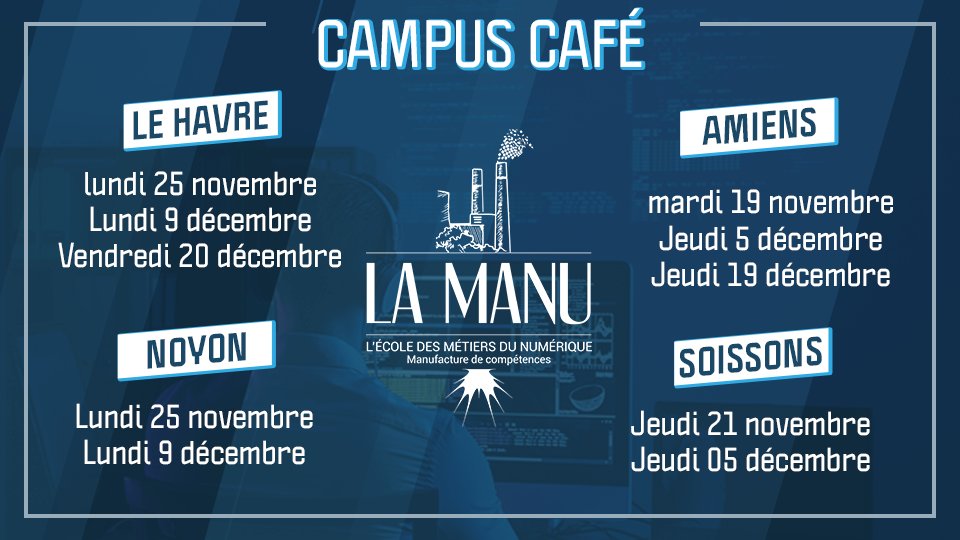 Developpement web 🌐, Design web 🌟, Community management 🎯... Les #formations aux métiers du #numérique sont à découvrir lors de nos Campus Cafés ! ☕🙂

➡️ Inscription sur lamanu.fr/informations/c…