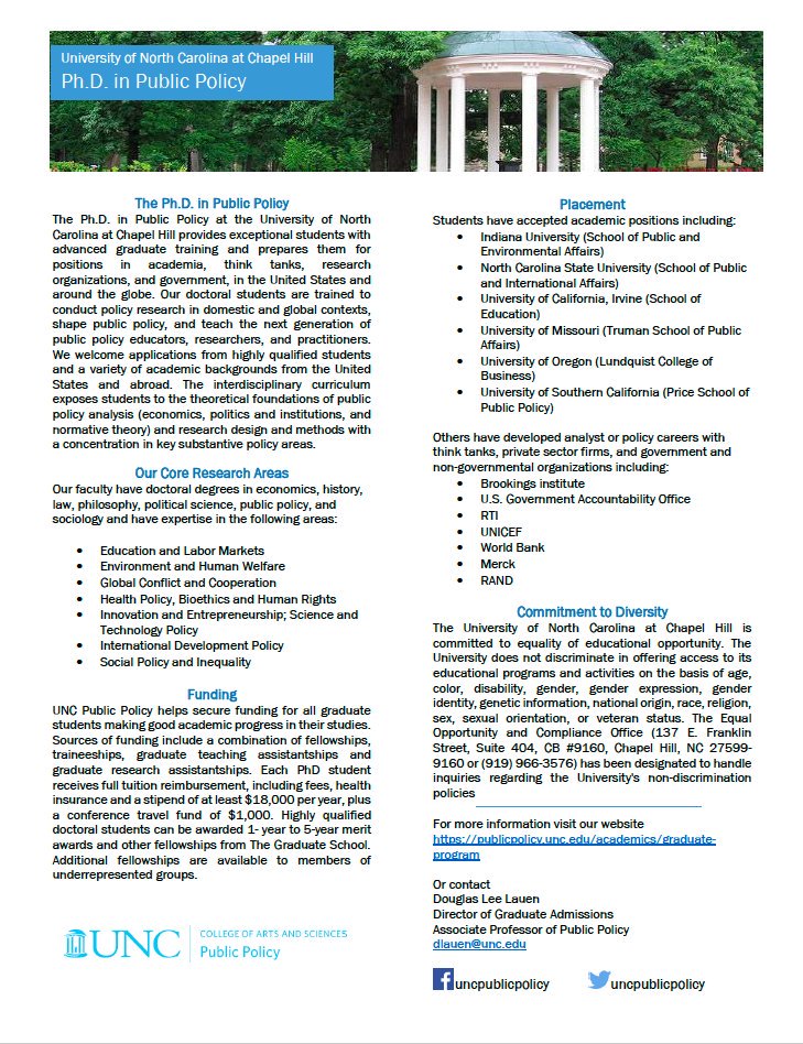 Happy recruitment season! If you have talented students interested in a PhD in Public Policy, direct them our way. Our students are trained in economics, political science, research design &amp; methods, and ethics. The deadline is Dec. 10th. Reach out w/ Qs! publicpolicy.unc.edu