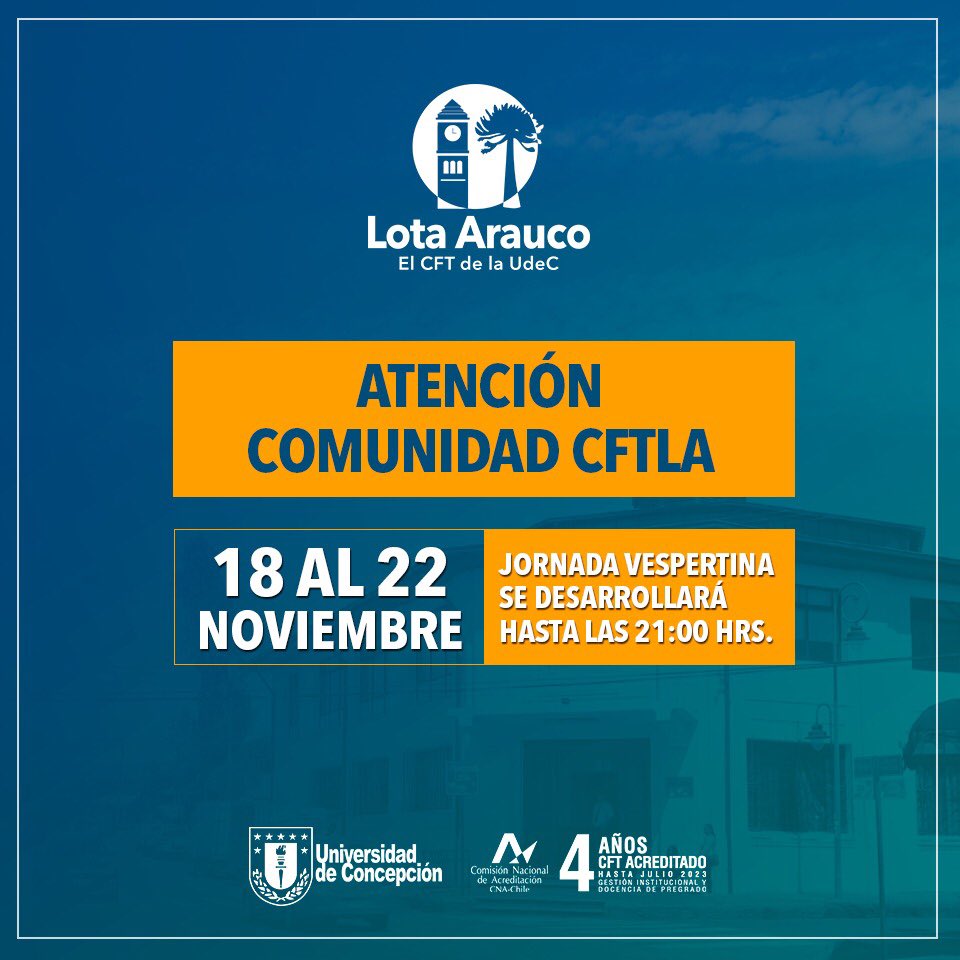 CFTLotaArauco1's tweet photo. 🚨ATENCIÓN ESTUDIANTES VESPERTINOS🚨

Este lunes 18 de noviembre, retomamos las actividades académicas pero, durante toda esta semana, la jornada vespertina se desarrollará sólo hasta las 21:00 horas. 

¡Difunde con tus compañeros! https://t.co/w7O7ObMA4c