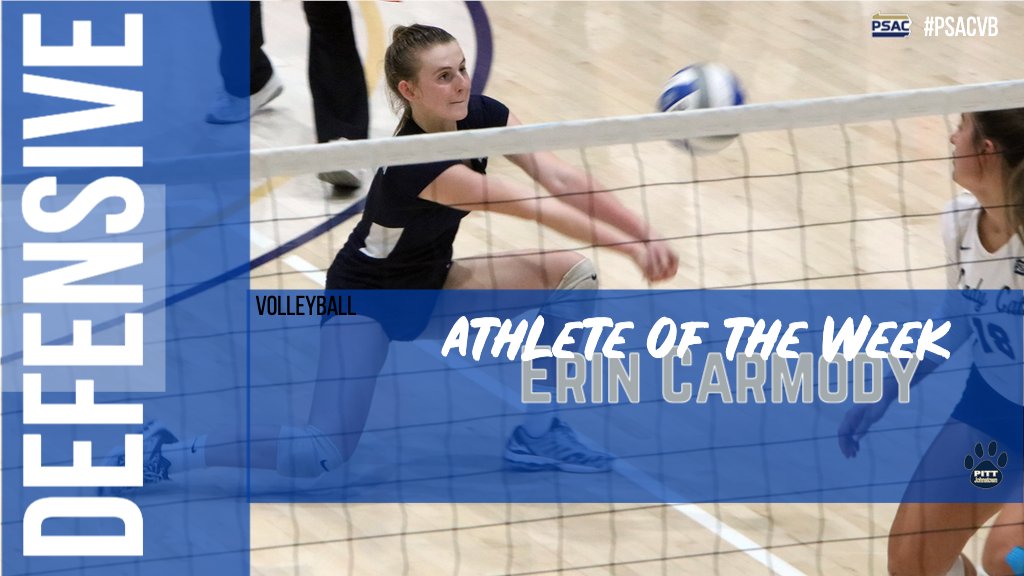 The #PSACvb Defensive Athlete of the Week is Erin Carmody from <a href="/MtnCatAthletics/">Pitt-Johnstown Athletics</a>.  Carmody set a program record with 46 digs against Cal U. She had a total of 103 digs in the 2-1 week for Pitt-Johnstown. She also recorded a match high 5-aces against Cal U.