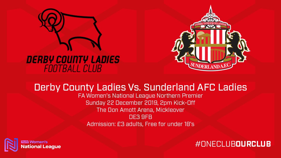 SAFCWomen's tweet photo. 🚨 FIXTURE REARRANGEMENT 🚨

After yesterday's postponement, our @FAWNL away clash with @DerbycountyLFC has been rearranged for Sunday 22 December!

Kick-off is set for 2pm at The Don Amott Arena...

#SAFCLadies #HawayTheLasses #OneClubOurClub https://t.co/JQgfdJBxka