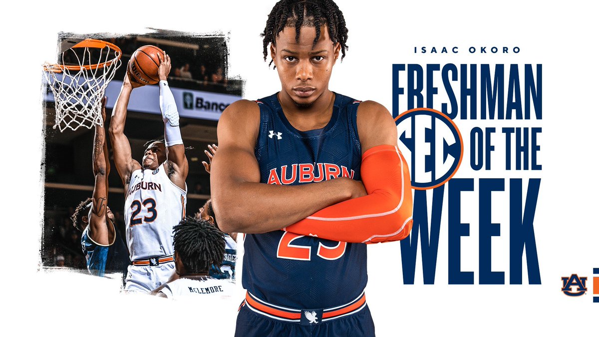 AuburnMBB's tweet photo. Big ups to our guy @isaacokoro303 for being named the @SEC Freshman of the Week! ❄️🥶

📰 » https://t.co/c3ZvQODmo8

#WarEagle https://t.co/ldv2UfwJZl