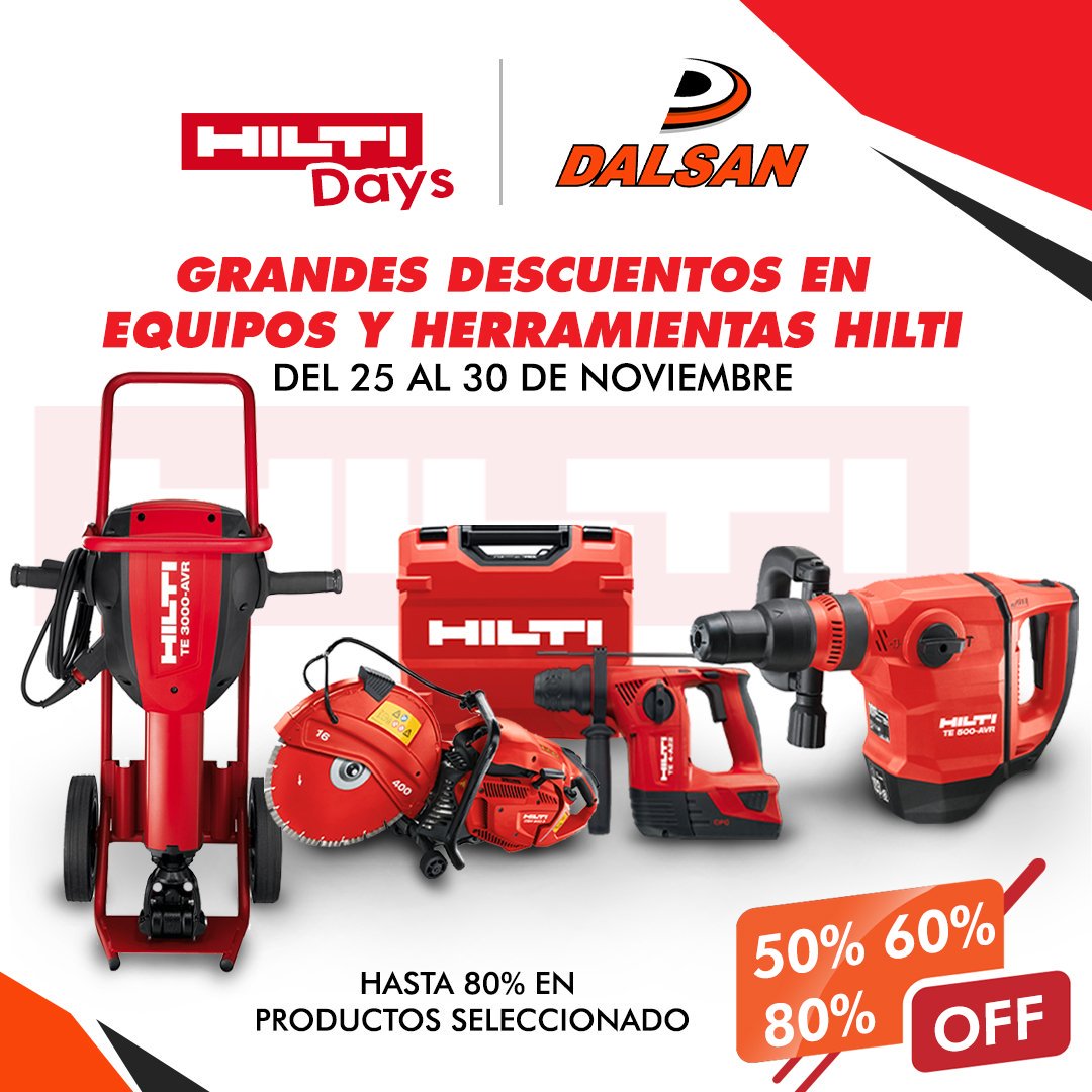 Espera a partir de este Lunes 25 de Noviembre Nuestra Feria " HILTI DAYS" 
.
Aprovecha de grandes descuentos en #equipos y #herraminetas #Hilti Desde un 50% hasta un 80% #off
.