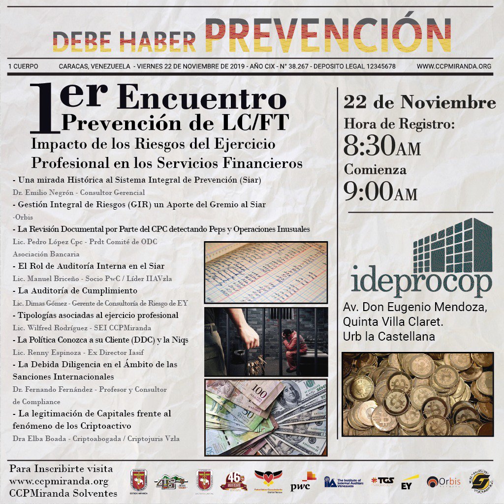 ccpmiranda's tweet photo. 1er Encuentro de Prevención de la LC/FT: Impacto de los Riesgos del Ejercicio Profesional en los Servicios Financieros
Un Encuentro de importante en nuestra prevención

Para inscribirte ve https://t.co/JW2Z24rG2s sección actividades

#debehaberprevencion #ccpmiranda #lcft #22Nov https://t.co/eKDGQ5QsRk