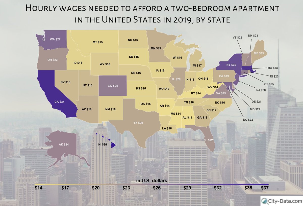 Hourly wages needed to afford a two-bedroom apartment in the U.S. in 2019, by state. Made for  https://www.city-data.com/ 