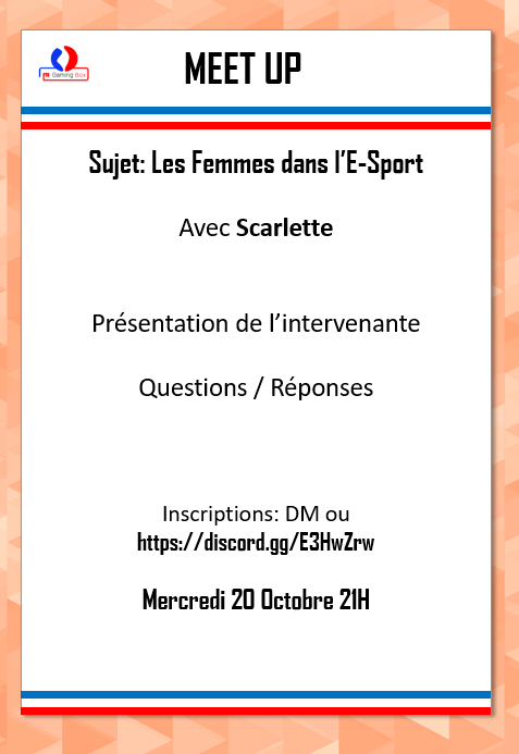 FRGamingBox1's tweet photo. [#MEETUP] Comme vous nous l'avez demandé, le prochain meet up @FRGamingBox1 et @EsportRecrute portera sur les Femmes dans l'Esport ! 

👉Intervenante: Scarlette 
👉21H ici: https://t.co/iGkb3kEyfU

Nous vous attendons nombreux ! https://t.co/NveDRe1Ca1