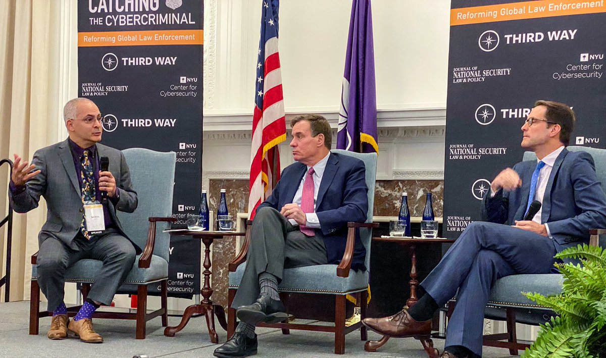 jposhea3's tweet photo. @benjaminwittes poses a question to Sen Mark Warner (SSCI) and Rep Jim Himes (HPSCI) recording @lawfarepodcast live at @MiekeEoyang & @ThirdWayTweet Catching The Cybercriminal: Reforming Global Law Enforcement #cyber #CyberEnforcementGap @nyulaw https://t.co/YdowVCNoea