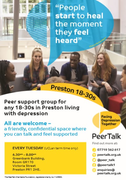 #Preston's peer support grp for 18-30s facing depression, anxiety meets @UCLan every Tues, 6.30-8pm

No judgement
No waiting lists 

More info at facebook.com/85512451129939…

#EveryMindMatters
#mentalhealth

Pls help us let everyone know this non-clinical support is freely available