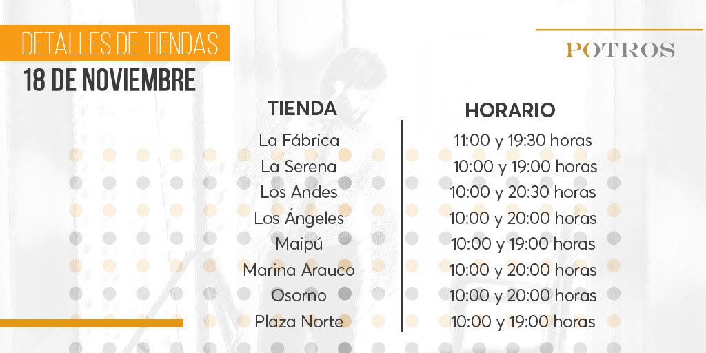 tiendas_potros's tweet photo. Actualizamos la información de los horarios de las tiendas  #Potros para hoy Lunes 18/11 (sujetos a modificaciones) https://t.co/Tn3BvzZ0VW