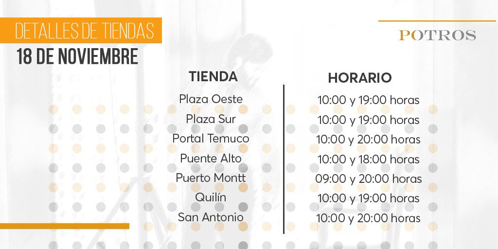 tiendas_potros's tweet photo. Actualizamos la información de los horarios de las tiendas  #Potros para hoy Lunes 18/11 (sujetos a modificaciones) https://t.co/Tn3BvzZ0VW