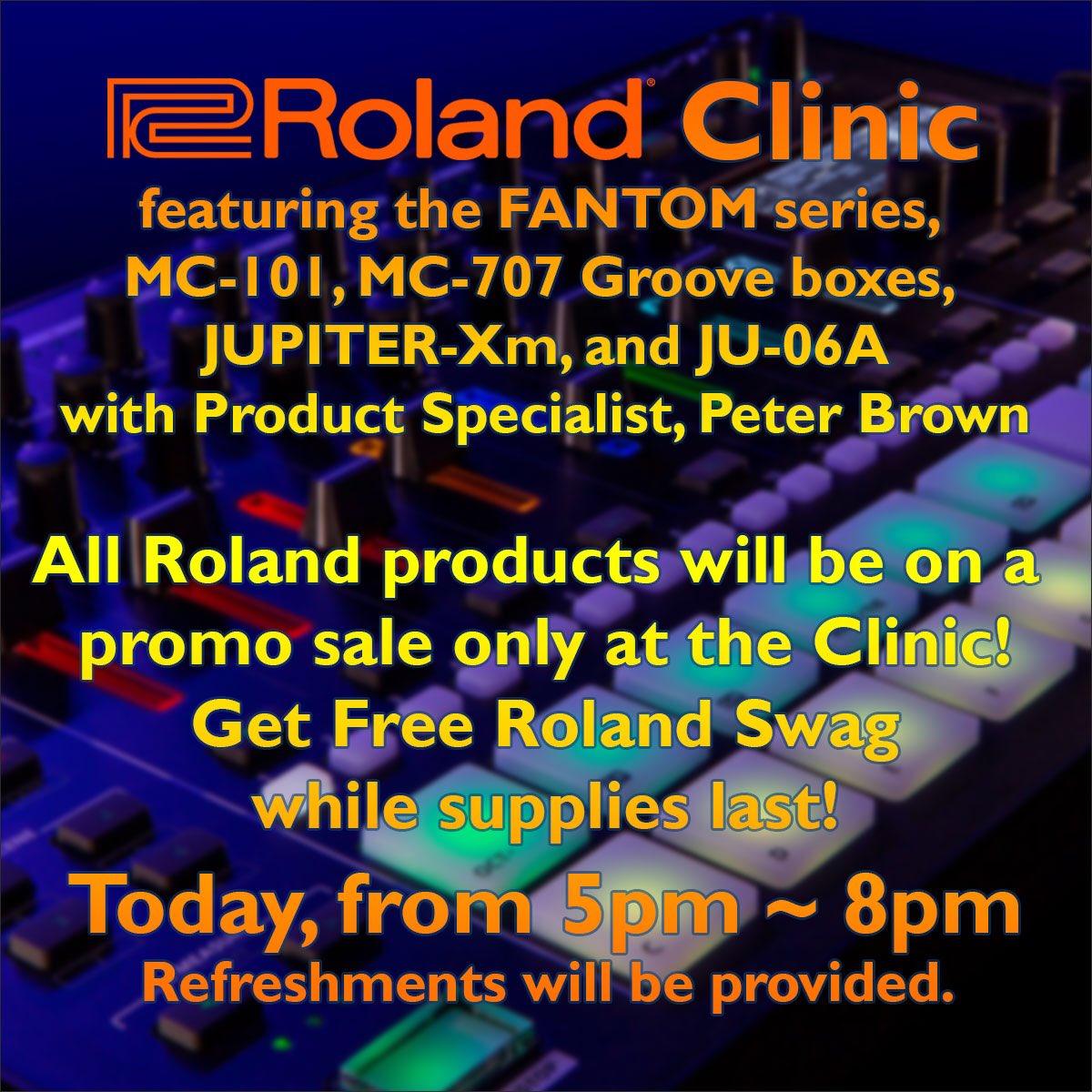 The Roland Clinic is on this evening from 5 to 8 pm! Check out their new synths and more! #roland #threewavemusic  #rolandjupiterxm #rolandfantom #rolandmc101 rolandmc707 #rolandju06a  #rolandjupiterx