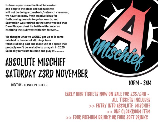LondonNemesis's tweet photo. ๐ EVENT ANNOUNCEMENT ๐
23rd NOVEMBER 2019
Absolute Mischief are holding a deviant, intimate play party over 2 floorsโฆ hosted by the one and only @MAbsolute and team!
https://t.co/YR2XPiBpVS
#absolutemischief #teamabsolute https://t.co/lbNJ9xItTz