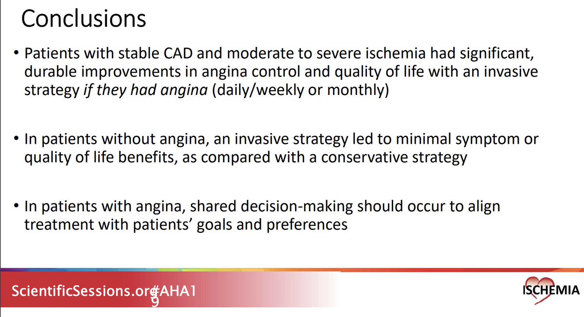 CMichaelGibson's tweet photo. Patients w/ stable CAD &amp; moderate-severe ischemia experiencing angina had early &amp; sustained improvements in angina and QoL w/ an invasive strategy compared to OMT in the ISCHEMIA Quality of Life data presented at 
#AHA19 

Review the full slides here:
https://t.co/x6pQzxNLWF https://t.co/ilBQH4UElr