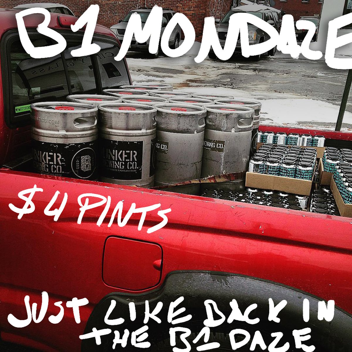 bunkerbrewingco's tweet photo. B1 Mondaze = $4 Pints of Machine & Salad Daze! 🍻
Throwback 📷 by Seth Vigue
#throwbackpricing #masonjarpints #winterdeliveries #bunkerdeliverymachine #backinthecypherdaze #tinytruckdelivery #adventuresofjoewattsandahandtruck #backintheselfdistrodaze #winterwoes #B1Daze #mondealz https://t.co/AaPMQlCkJx