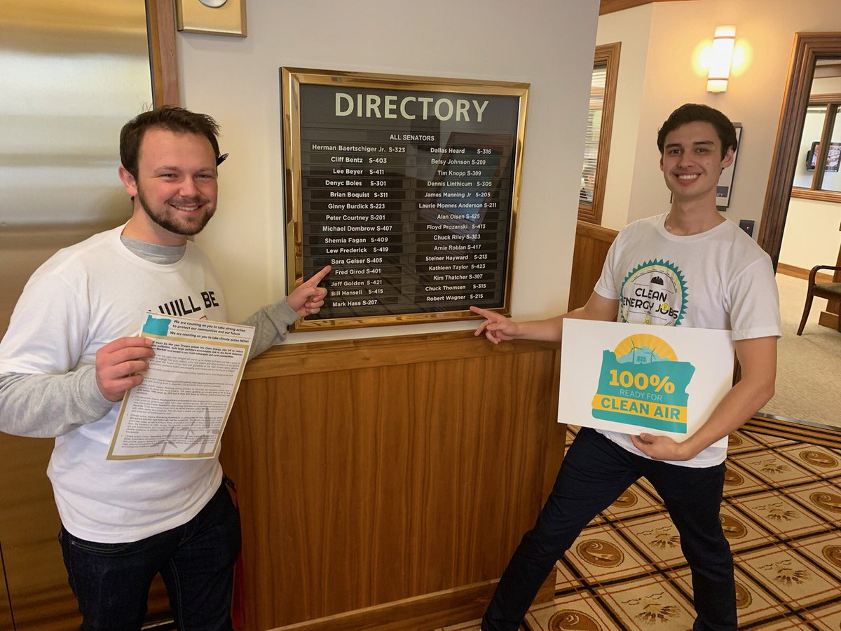 JadenWinn's tweet photo. Political Science and Sustainability student Alex O’Keefe and Enviro Sciences student Zac Pinard, both OSU Beavers, know that Oregon must #ActOnClimate. They just visted Sen. Wagner and Sen. Gelser’s office to demand passage of #CleanEnergyJobs! #ORpos #ORleg https://t.co/3YIka0jAym