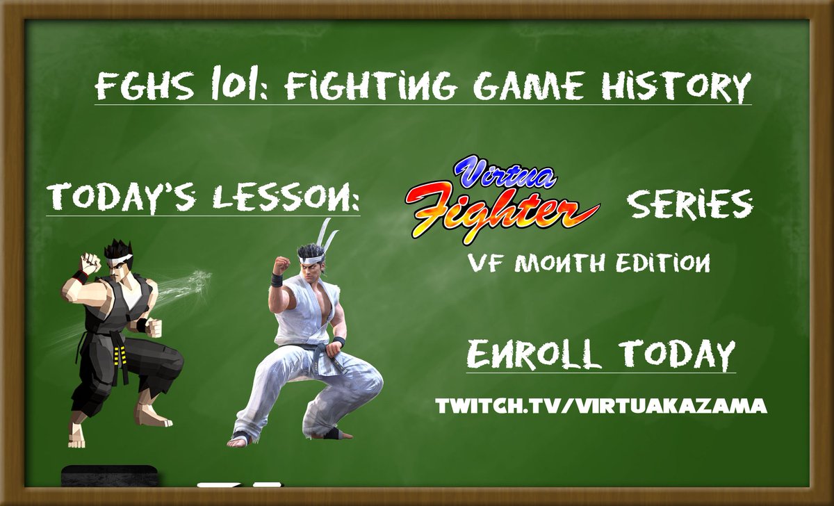 VirtuaKazama's tweet photo. Inspired by @Proton_Jon's "History of SNK" streams, I'd like to introduce a brand new segment that I'll be doing on Twitch: FGHS 101: Fighting Game History!
The first lesson will be on the Virtua Fighter series, just in time for #VFMonth!
Classes begin at 12/01. Enroll today! https://t.co/WEmhxSIYih
