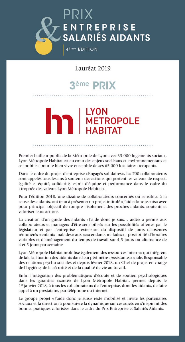 GroupeAudiens's tweet photo. Lyon Métropole Habitat @LMHabitat reçoit le 3ème #PrixESA2019 pour le projet « J’aide donc je suis » avec pour principal objectif de rompre l’isolement des proches aidants, soutenir et valoriser leurs actions.

@Prix_ESA https://t.co/Wu7THnVYRk