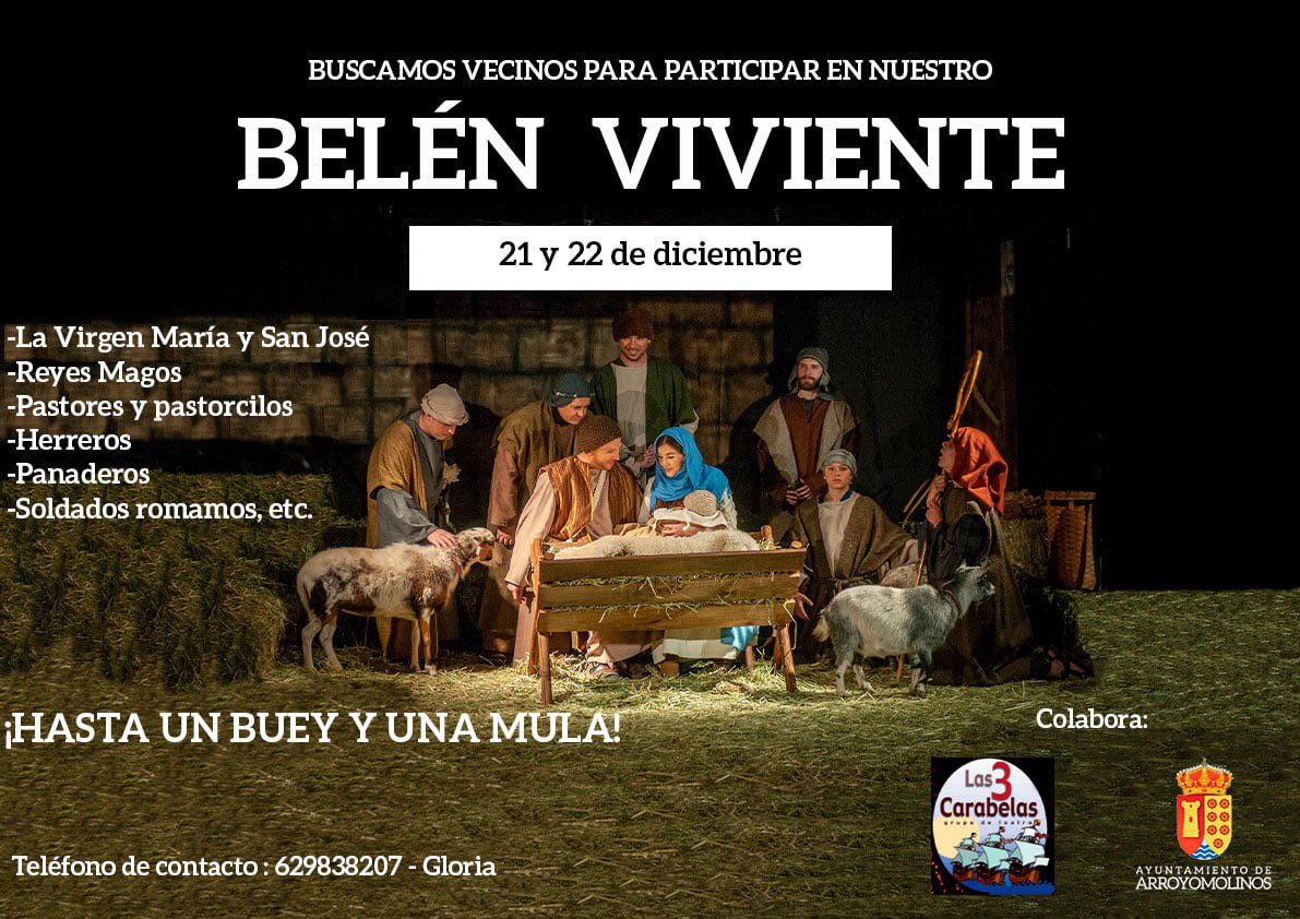 Arroyomolinos's tweet photo. 🔊Buscamos pastores y pastorcillos, Reyes Magos, angelitos, panaderos, soldados romanos, un San José y una Virgen María, y más, para el BELÉN VIVIENTE que la Asociación Cultural de Teatro Las Tres Carabelas organizará, para los días 21 y 22 de diciembre, en #Arroyomolinos 🦌🎄 https://t.co/bO4MzXEavO