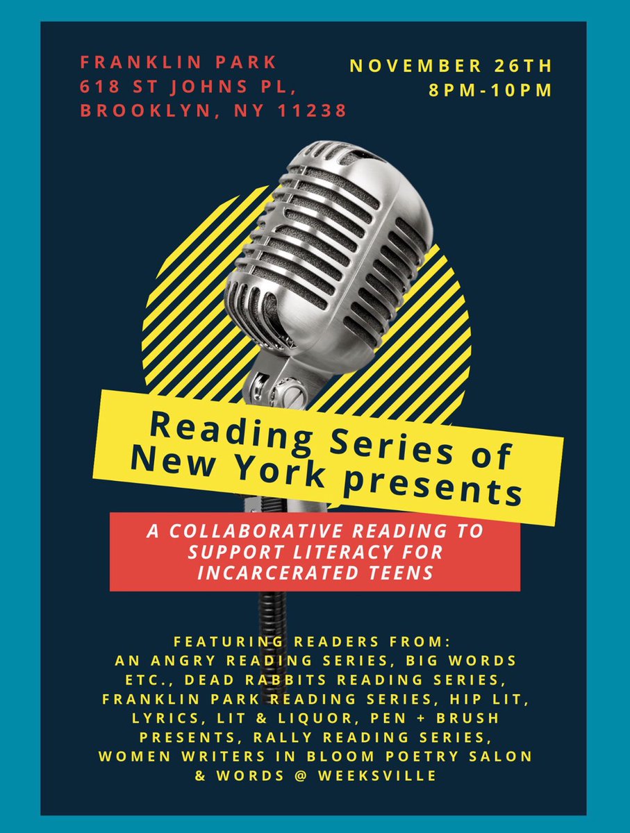 NEXT TUESDAY! Writers &amp; Readers, come out to <a href="/FranklinParkBK/">Franklin Park</a> next Tuesday for a collaborative reading put on by the Reading Series of New York Community! The event is free, but we'll be taking donations to support <a href="/LIT4Teens/">Incarcerated Teens</a>! 

RSVP HERE: facebook.com/events/1176129…