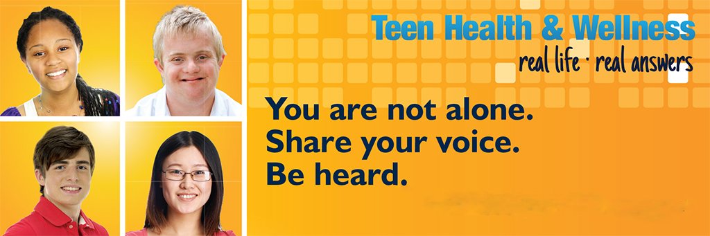 a collage of four photographs featuring teens of differing races, genders and abilities, all smiling