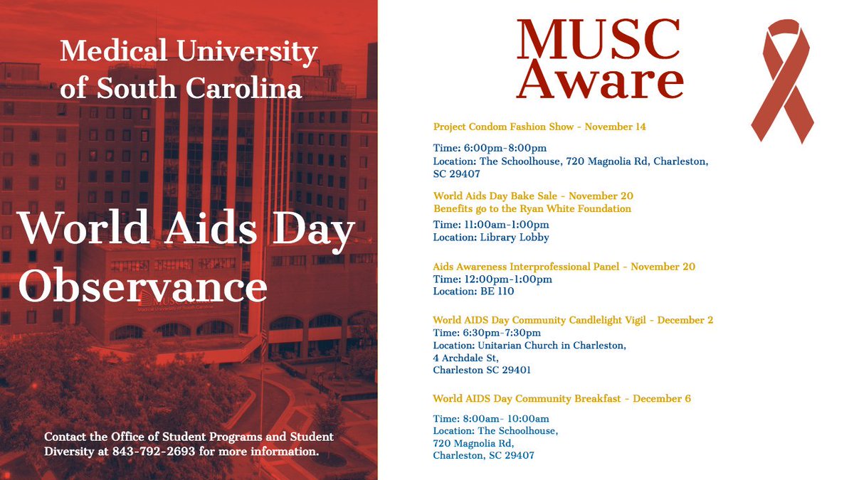 muscspsd's tweet photo. In honor of Worlds Aids Day, we will be hosting an inter-professional panel discussion on Wednesday. Lunch will be provided for the first 40 students that sign up. Please note if you have any dietary requirements. https://t.co/Vwj1iDaK3Q