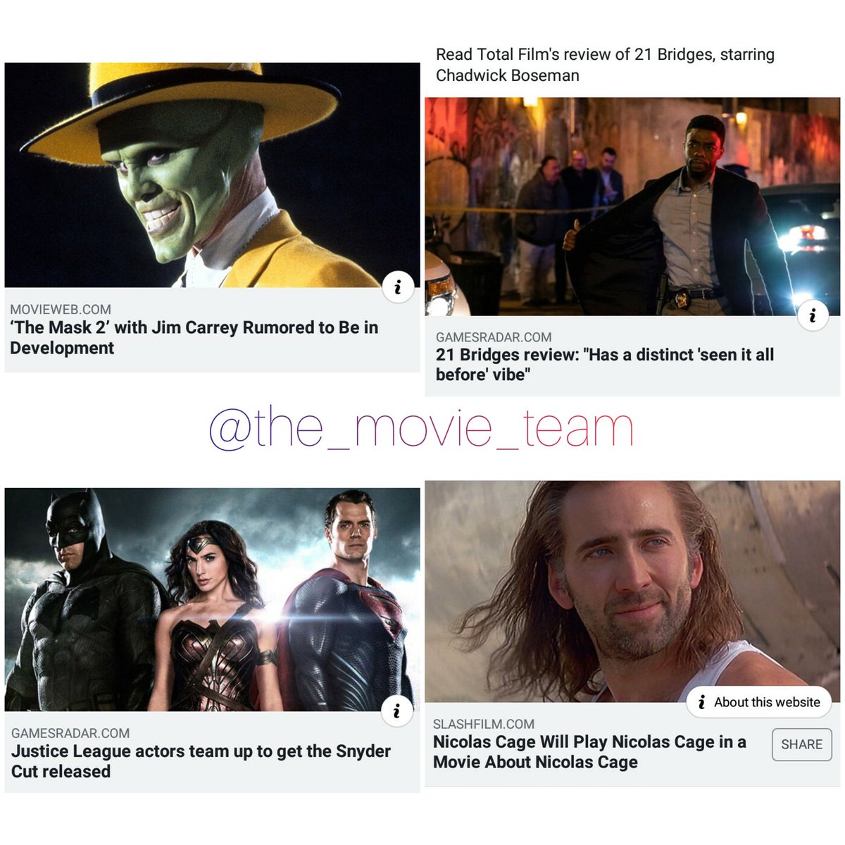 benitho1classic's tweet photo. 1 #themask 2 with #Jimmycarry rumored 🔥 
2 #21bridgesmovie preview 
3 #justiceleague snider cut on trend, actors of JL support and r cheering for it🍻
4 #nicolascage doing a movie about Nicolas cage 😂😂
. . 
#themovieteam #hollywood #themask #justiceleague #dc https://t.co/6Acw6wIDYw